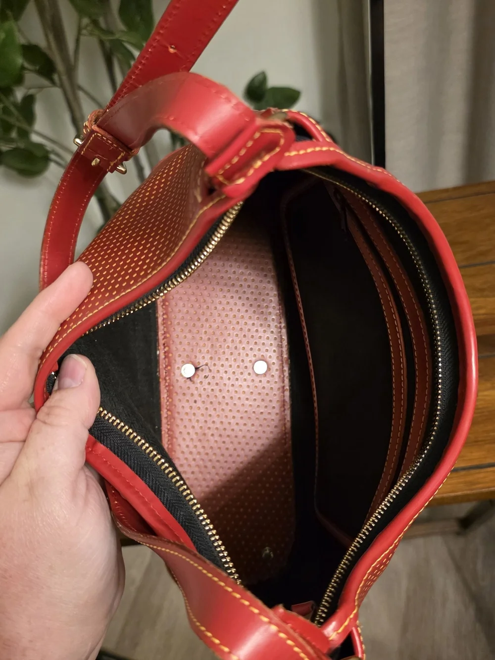 Dooney & Bourke Cabrio Red and Yellow Polka Dot Perforated Leather Hobo Purse